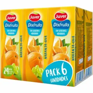 Bebida de fruta naranja y uva Juver Disfruta sin azúcar añadido pack 6 briks 200 ml.