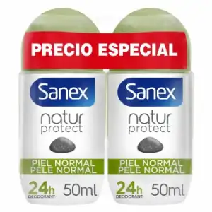 Desodorante roll-on 24h piel normal piedra de alumbre Natur Protect Sanex pack de 2 unidades de 50 ml.