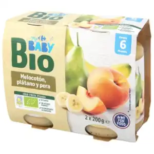 Tarrito de Melocotón con Platano y Pera Ecológico Carrefour Baby Bio desde 6 meses pack de 2 unidades de 200 g.