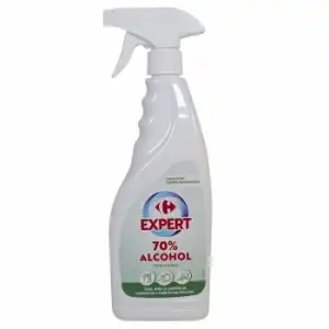 Alcohol perfumado 70% en spray para limpieza de superficies y objetos Expert Carrefour 750 ml.