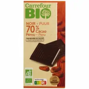 Chocolate negro 70% cacao Perú ecológico Carrefour Bio 100 g.