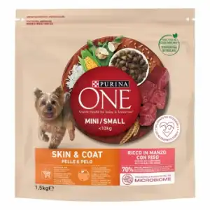 Pienso de buey y arroz para perro adulto Mini Purina One piel y pelaje 1,5 Kg.