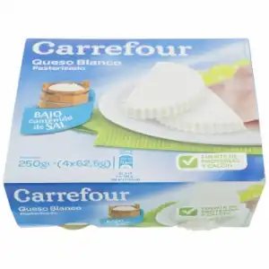 Queso fresco de Burgos bajo contenido de sal Carrefour pack de 4 unidades de 62,5 g.