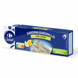 Sardinillas en aceite de girasol con limón Classic Carrefour pack de 2 unidades de 63 g.