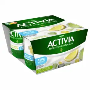 Bífidus desnatado con trozos de lima y limón sin azúcar añadido Danone Activia sin gluten pack de 4 unidades de 120 g.