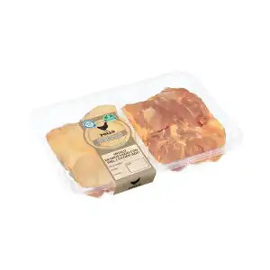Muslos deshuesados con piel de pollo certificado alimentado con un 50% de maíz Bandeja 0.6 kg