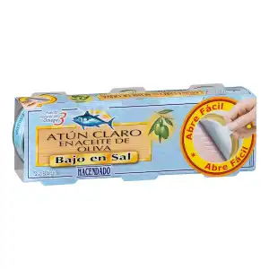 Atún claro bajo en sal Hacendado en aceite de oliva 3 latas X 0.06 kg