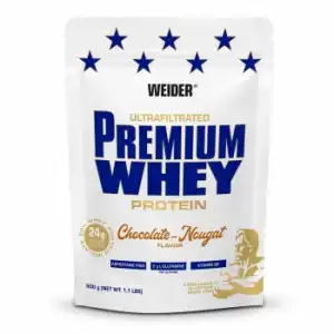 Proteína en polvo sabor chocolate Premium Whey Weider doy pack 500 g.