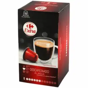 Café descafeinado en cápsulas Carrefour Extra compatible con Nespresso pack de 20 unidades de 5,2 g.