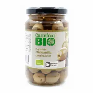 Aceituna manzanilla con hueso ecológica Carrefour Bio 200 g.