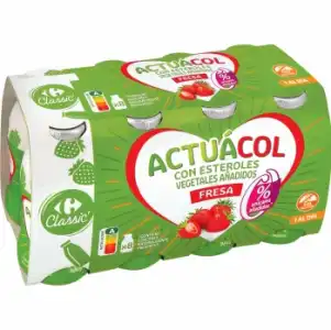 Leche fermentada líquida de fresa sin azúcar añadido Carrefour Actuacol sin gluten pack de 8 unidades de 100 g.