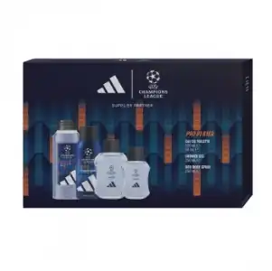 Estuche Adidas Pro Player: agua de colonia 100 ml, agua de colonia 50 ml, gel de ducha 250 ml y desodorante 150 ml.