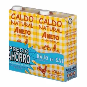 Caldo natural de pollo bajo en sal Aneto sin gluten y sin lactosa pack de 2 briks de 1 l.