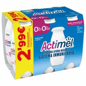 Leche fermentada líquida desnatada natural sin azúcar añadido Danone - Actimel sin gluten pack de 6 unidades de 100 g.