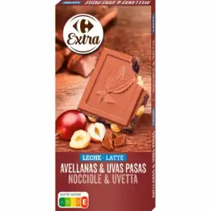 Chocolate con leche con avellanas y uvas pasas Extra Carrefour 200 g.