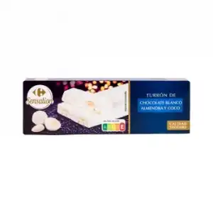 Turrón de chocolate blanco con almendra y coco Carrefour Sensation 145 g.
