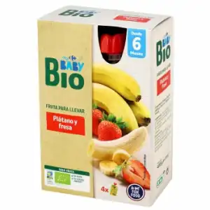 Preparado de fresa sin azúcar añadido desde 6 meses ecológico My Carrefour Baby Bio sin gluten pack de 4 bolsitas de 100 g.