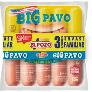 Salchichas BIG pavo El Pozo sin gluten pack de 3 unidades de 200 g.