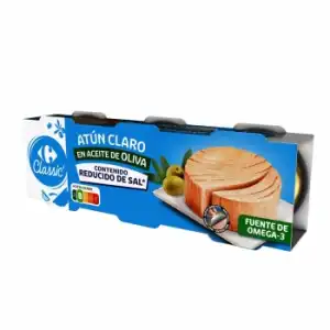 Atún claro en aceite de oliva contenido reducido de sal Classic Carrefour pack de 3 latas de 52 g.