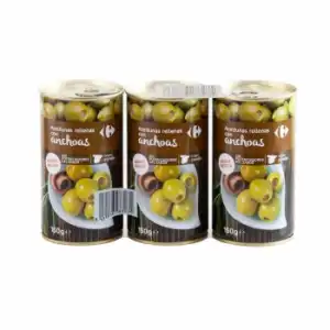 Aceitunas verdes rellenas de anchoa Carrefour pack de 3 unidades de 150 g.