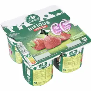 Bífidus desnatado con trozos de fresa sin azúcar añadido Carrefour Classic' pack de 4 unidades de 125 g.