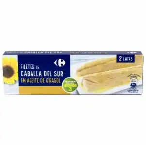 Filetes de caballa del sur en aceite de girasol Carrefour pack de 2 latas de 65 g.