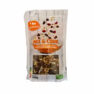 Mezcla de frutos secos y chocolte negro Mix & Cook Sensation Carrefour doy pack 140 g.