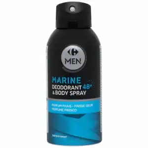 Desodorante body spray marine protección 48h perfume fresco Carrefour Men 150 ml.