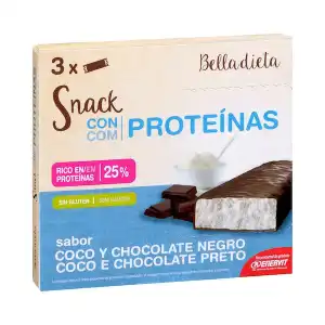 Snack con proteínas Belladieta sabor coco y chocolate negro 3 barritas X 0.027 kg
