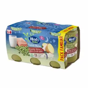 Tarrito de guisantes tiernos con jamón cocido extra desde 6 meses Hero Baby sin gluten pack de 6 unidades de 190 g.