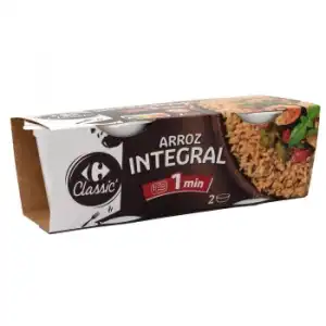 Arroz redondo integral para microondas Classic Carrefour sin gluten pack de 2 unidades de 125 g.