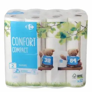 Papel higiénico compact doble rollo Carrefour 32 rollos.