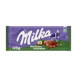 Chocolate con leche con avellanas troceadas Milka 125 g.