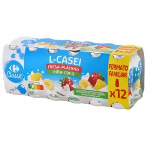 L.Casei líquido con fresa-plátano y piña-coco Carrefour pack de 12 unidades de 100 g.