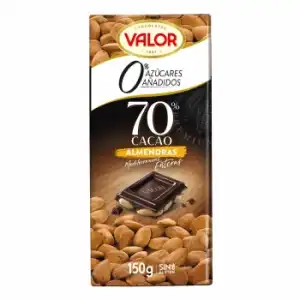 Chocolate negro 70% con almendras enteras y stevia sin azúcar añadido Valor sin gluten 150 g.