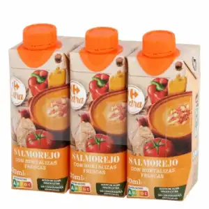 Salmorejo con aceite de oliva virgen extra Carrefour pack de 3 unidades de 330 ml.