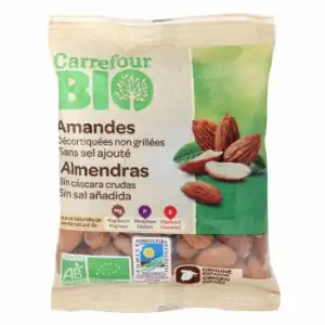 Almendras crudas sin cáscara sin sal añadida ecológicas Carrefour Bio 90 g.