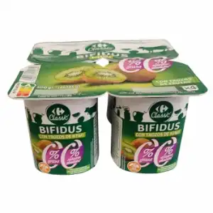 Bífidus desnatado con trozos de kiwi sin azúcar añadido Carrefour pack de 4 unidades de 125 g.