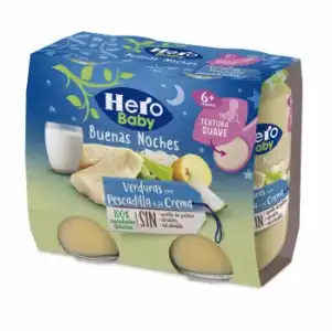 Tarritos de verduras con pescadilla a la crema desde 6 meses Hero Baby Buenas Noches sin aceite de palma pack de 2 unidades de 190 g.