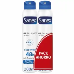 Desodorante en spray dermo extra control 48h pH Balance Sanex pack de 2 unidades de 200 ml.