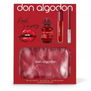 Set Red Party Don Algodón: Agua de colonia 30 ml., Lip gloss 3D,  Glitter Eyeliner y Neceser metalizado