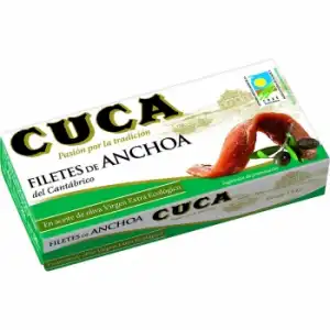 Filetes de anchoa del Cantábrico en aceite de oliva virgen extra ecológico Cuca sin gluten y sin lactosa 29 g.