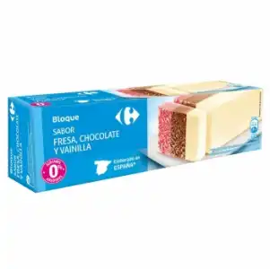 Bloque de helado de fresa, chocolate y vainilla sin azúcares añadidos Carrefour 475 g.