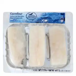 Lomo de bacalao procedente de pesca sostenible congelado Carrefour 300 g.