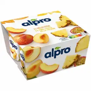 Preparado de soja sabor melocotón y piña-maracuyá Alpro sin gluten sin lactosa pack de 4 unidades de 125 g.