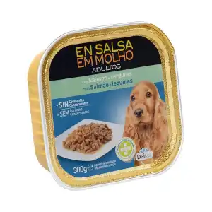 Trozos en salsa perro adulto Delikuit con salmón y verduras Tarrina 0.3 kg