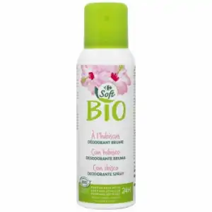 Desodorante en spray con hibisco eficacia 24h ecológico Carrefour Soft Bio 150 ml.