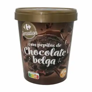 Helado de chocolate con pepitas chocolate belga Sensation Carrefour sin gluten 500 ml.