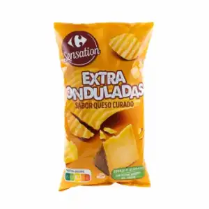 Patatas fritas onduladas sabor queso curado Sensation Carrefour sin guten 150 g.