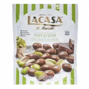 Pistachos cubiertos de chocolate con leche Lacasa sin gluten y sin aceite de palma doy pack 100 g.